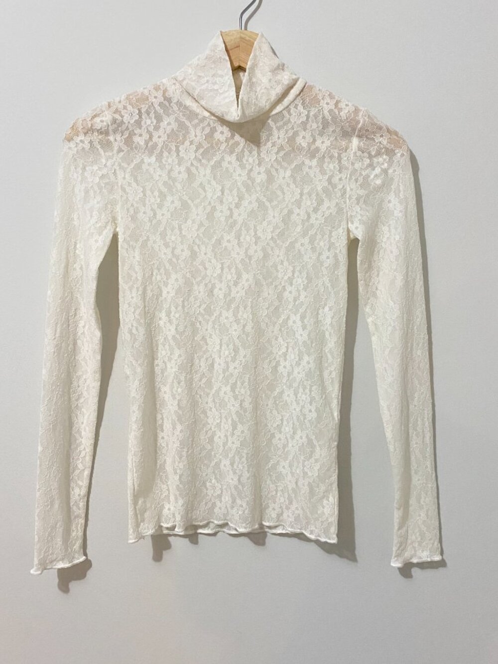 Wilfred Aritzia Fitted Sheer White Lace Long-sleeve Turtleneck Top Stretch - Picture 2 of 11